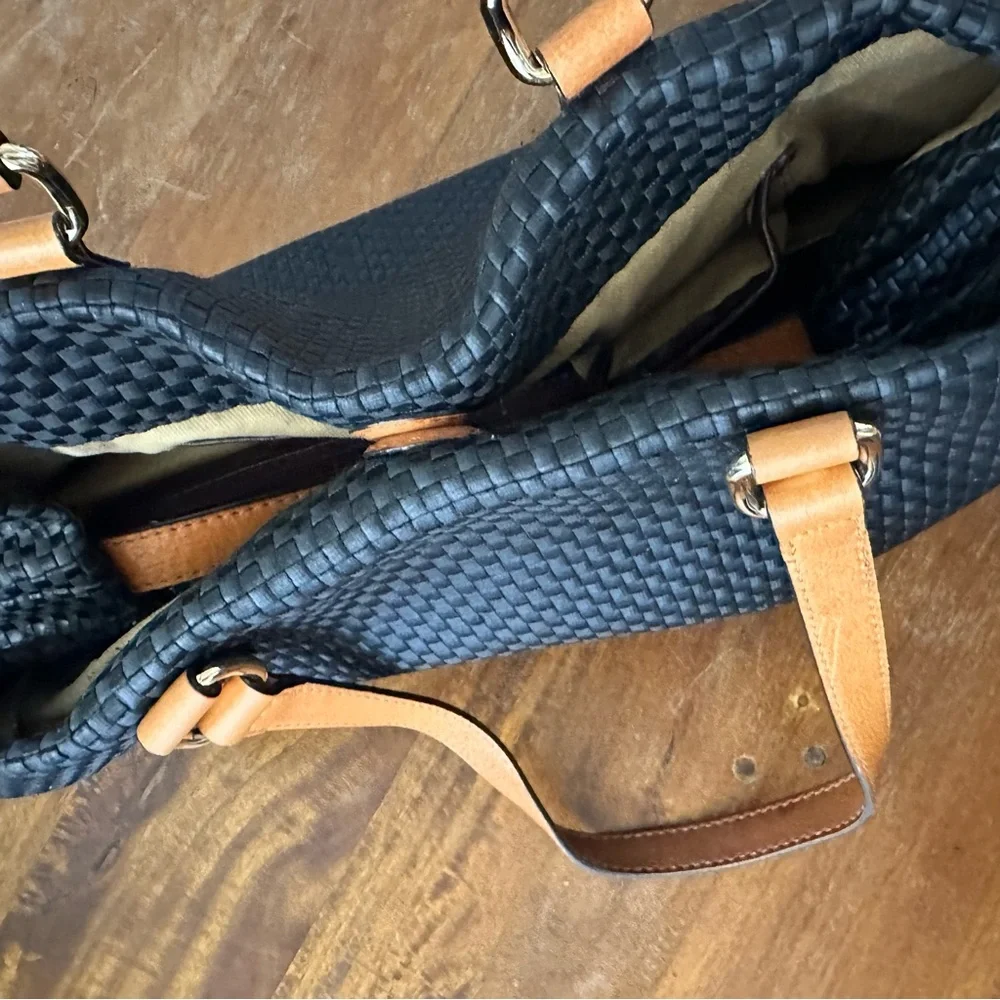 Antonio Melani Black Woven Tote Bag with Tan Leather Straps‎